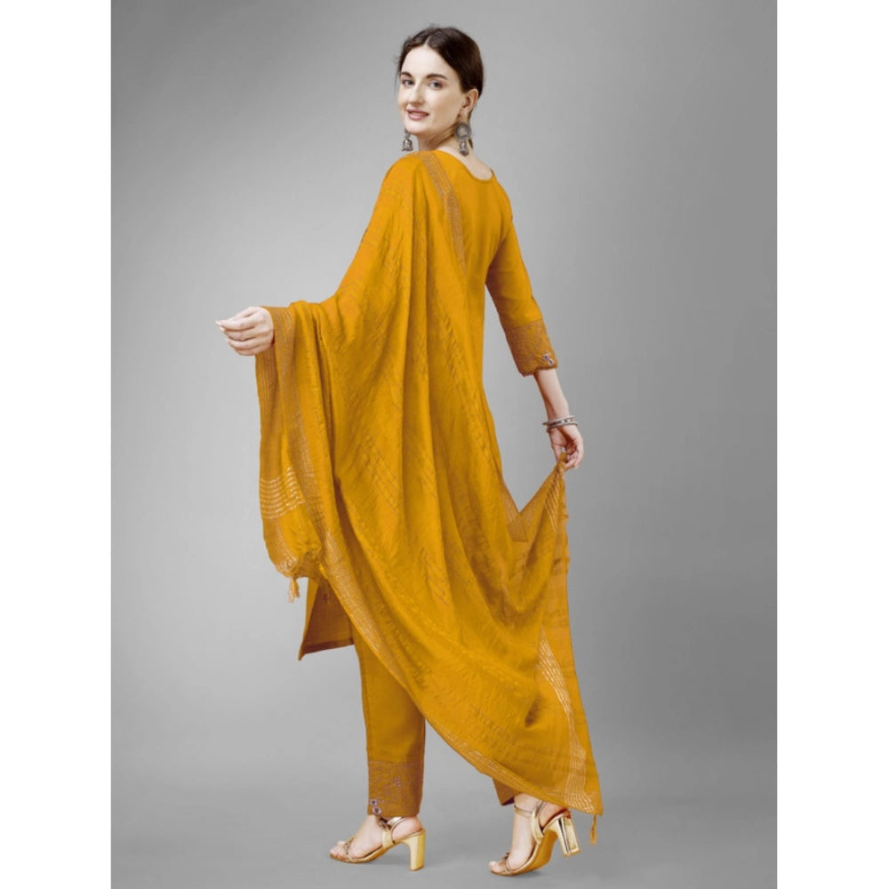 Casual 3-4 th Sleeve Embroidery Cotton Kurti Pant Dupatta Set (Yellow)