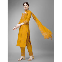 Casual 3-4 th Sleeve Embroidery Cotton Kurti Pant Dupatta Set (Yellow)