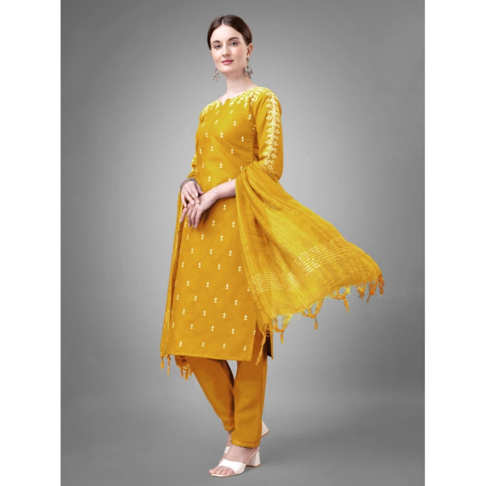 Casual 3-4 th Sleeve Embroidery Cotton Kurti Pant Dupatta Set (Yellow)