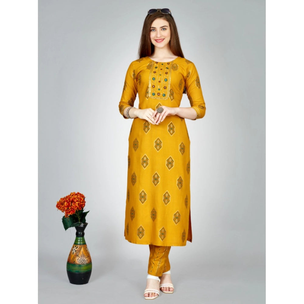 Casual 3-4 th Sleeve Embroidery Rayon Kurti Pant Set (Yellow)