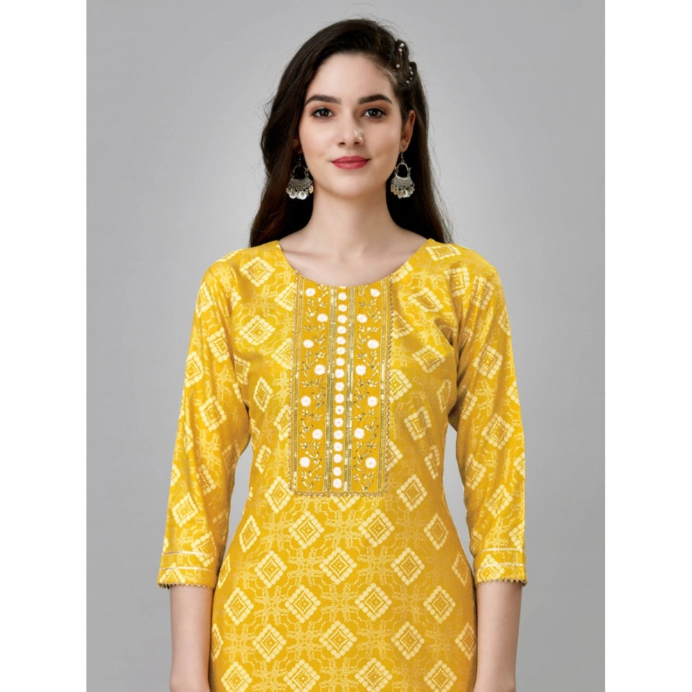 Casual 3-4 th Sleeve Embroidery Rayon Kurti Pant Set (Yellow)