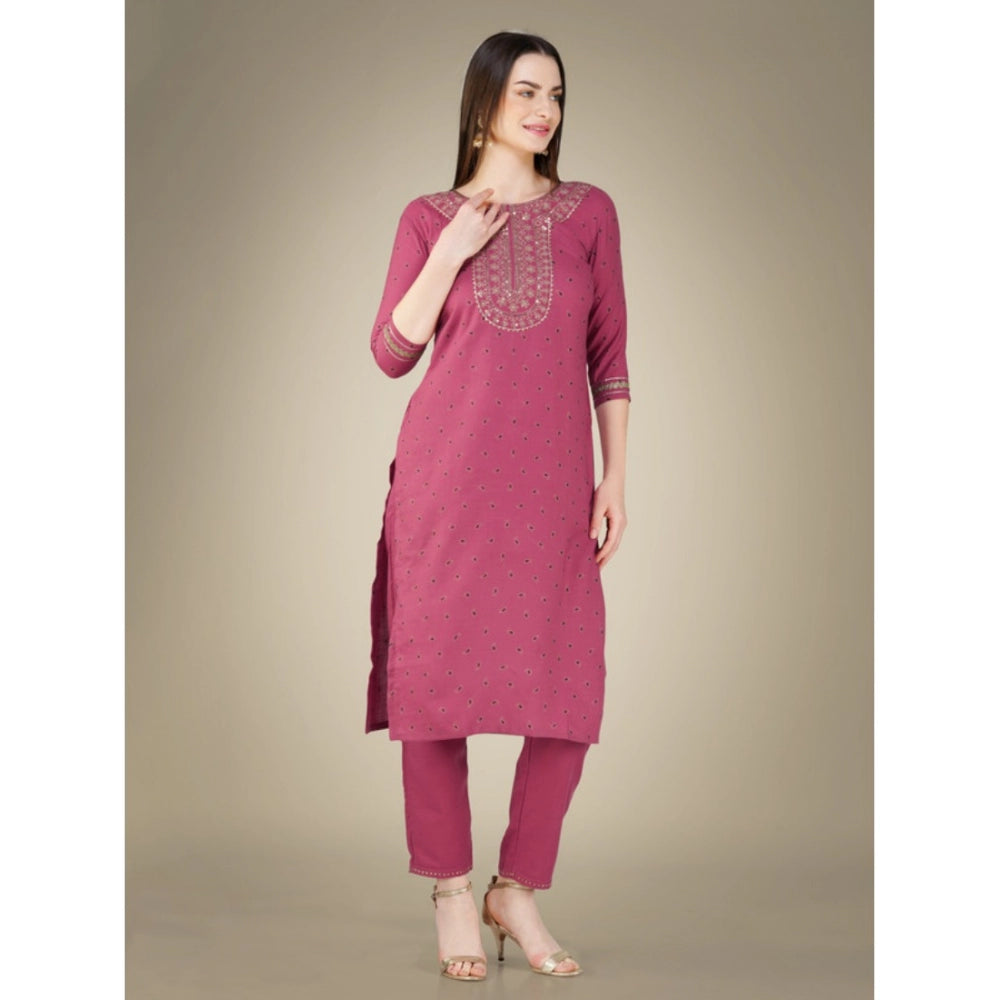 Casual 3-4 th Sleeve Embroidery Cotton Kurti Pant Dupatta Set (Wine)