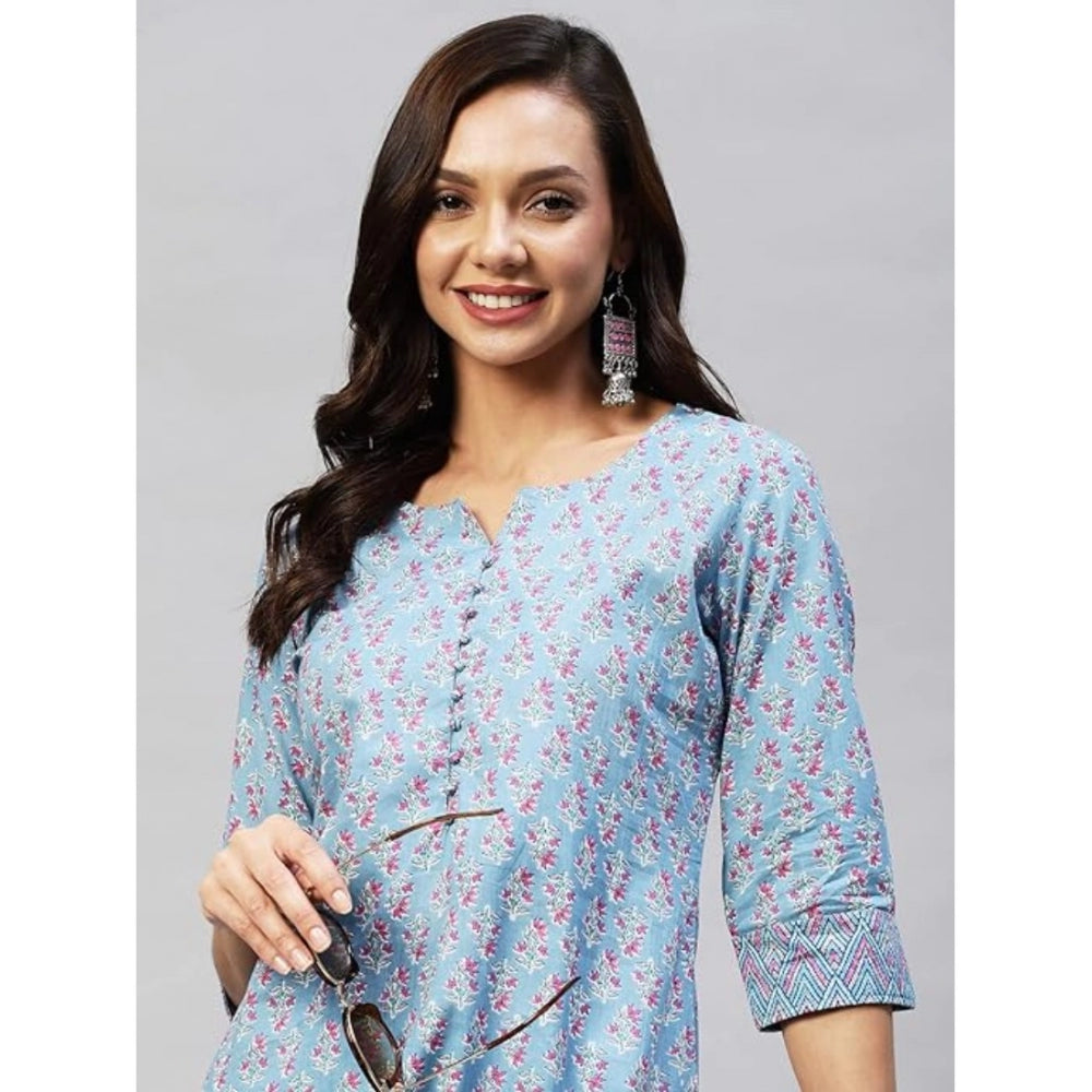 Casual 3-4 th Sleeve Printed Cotton Kurti Pant Set (Pastel Blue)