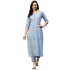 Casual 3-4 th Sleeve Printed Cotton Kurti Pant Set (Pastel Blue)