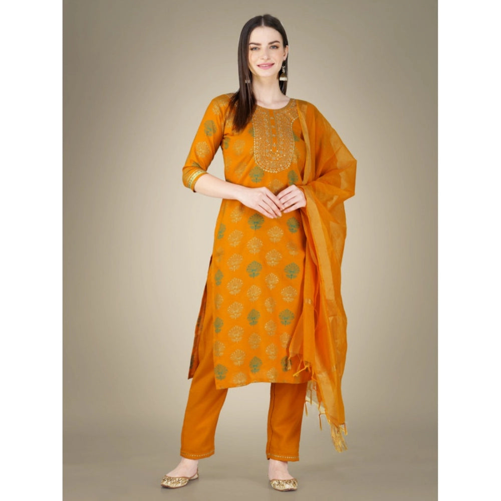 Casual 3-4 th Sleeve Embroidery Cotton Kurti Pant Dupatta Set (Yellow)