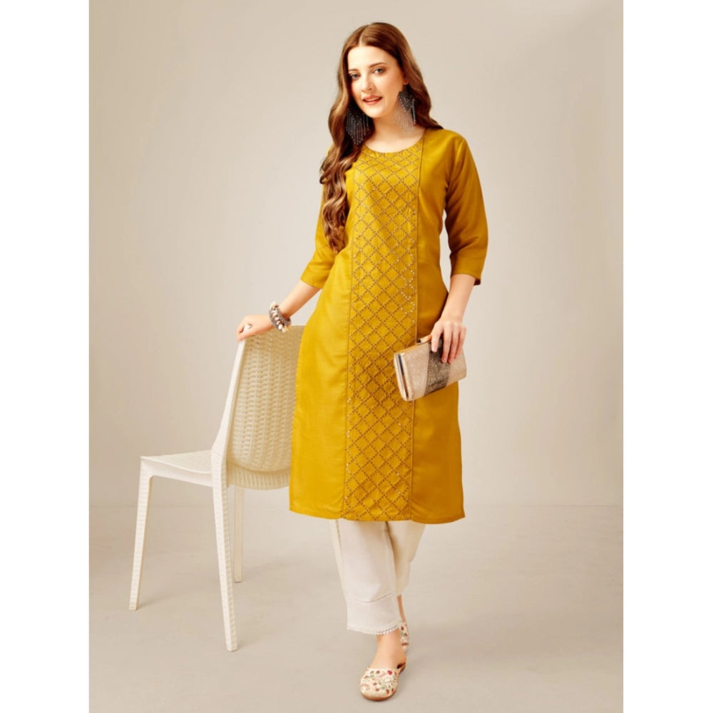 Casual 3-4 th Sleeve Embroidery Cotton Kurti Pant Set (Yellow)