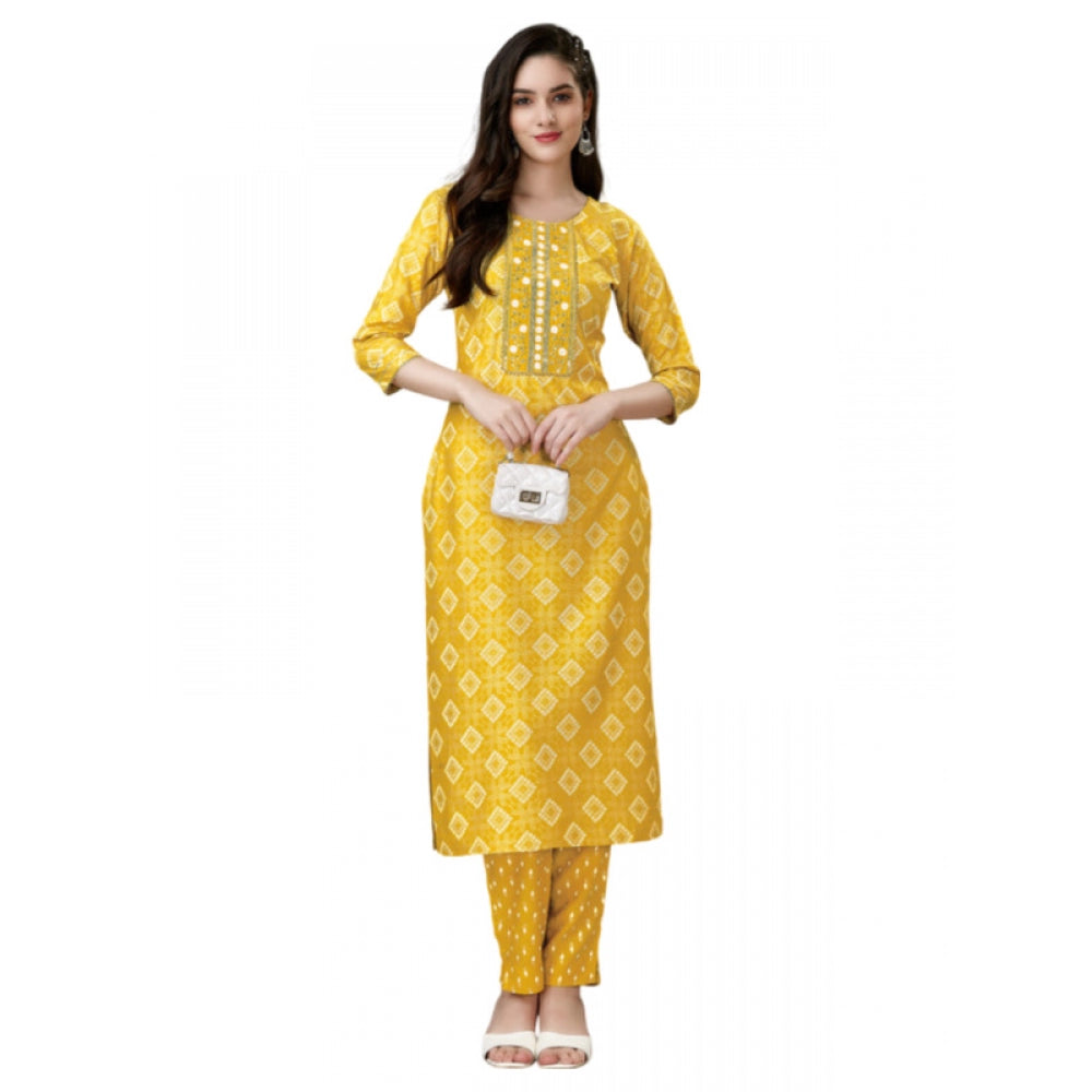 Casual 3-4 th Sleeve Embroidery Rayon Kurti Pant Set (Yellow)