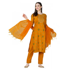 Casual 3-4 th Sleeve Embroidery Cotton Kurti Pant Dupatta Set (Yellow)