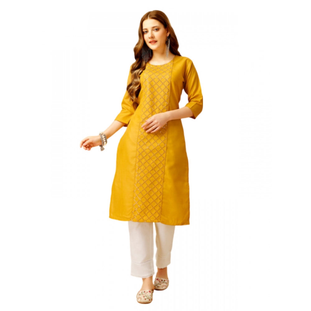 Casual 3-4 th Sleeve Embroidery Cotton Kurti Pant Set (Yellow)