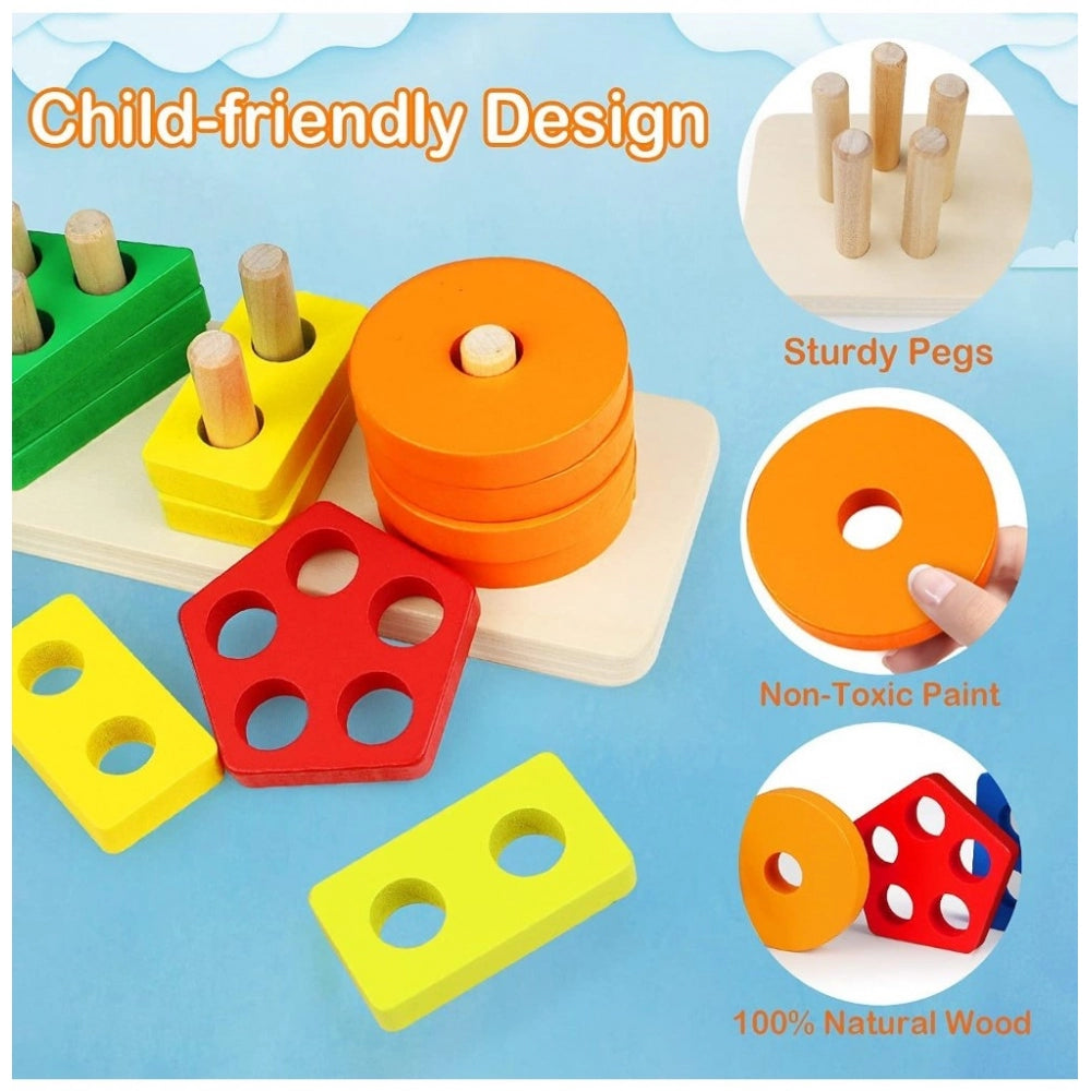 Wooden Sorting And Stacking Toys 5 Column Geometric Shape Puzzle Activity For Kids (Wood Color)