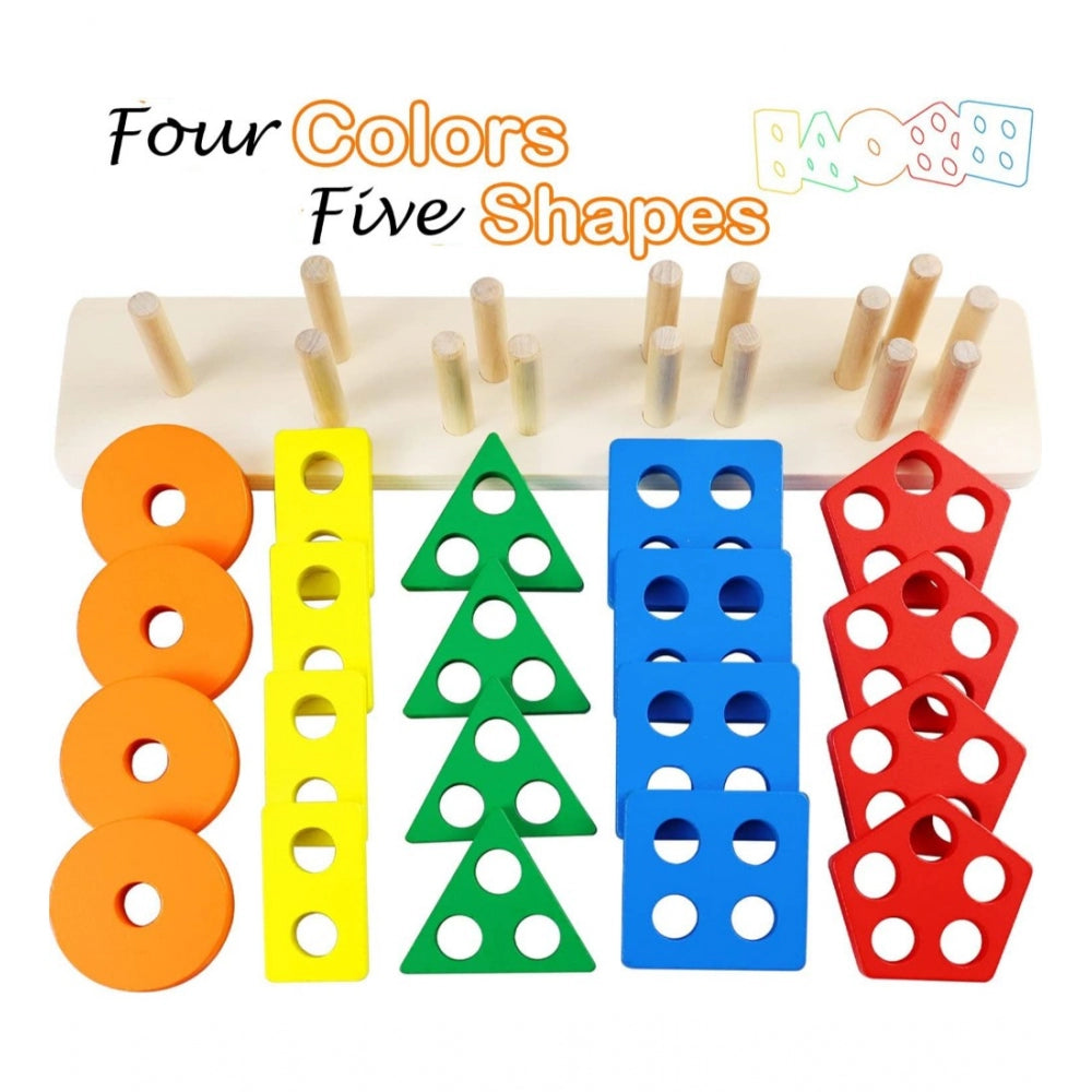 Wooden Sorting And Stacking Toys 5 Column Geometric Shape Puzzle Activity For Kids (Wood Color)