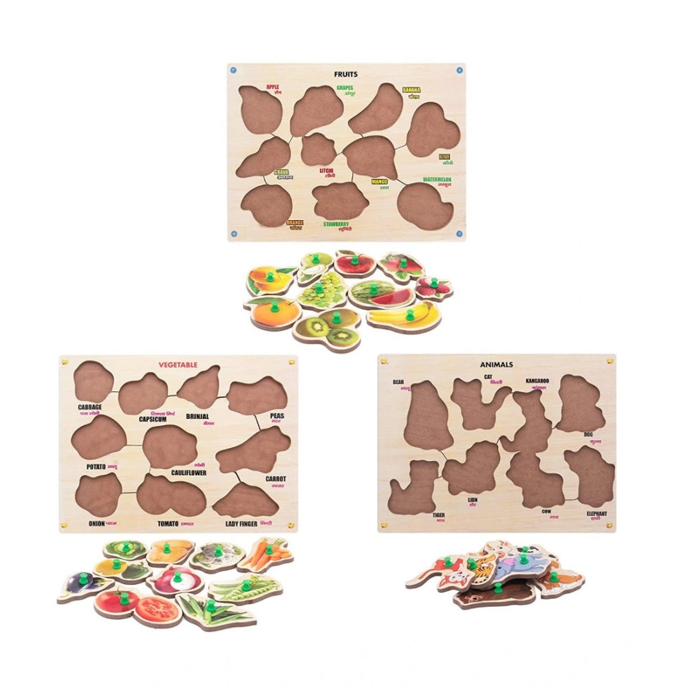 Wooden Educational Learning Fruits Puzzle Board (Wood Color)