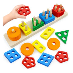 Wooden Sorting And Stacking Toys 5 Column Geometric Shape Puzzle Activity For Kids (Wood Color)