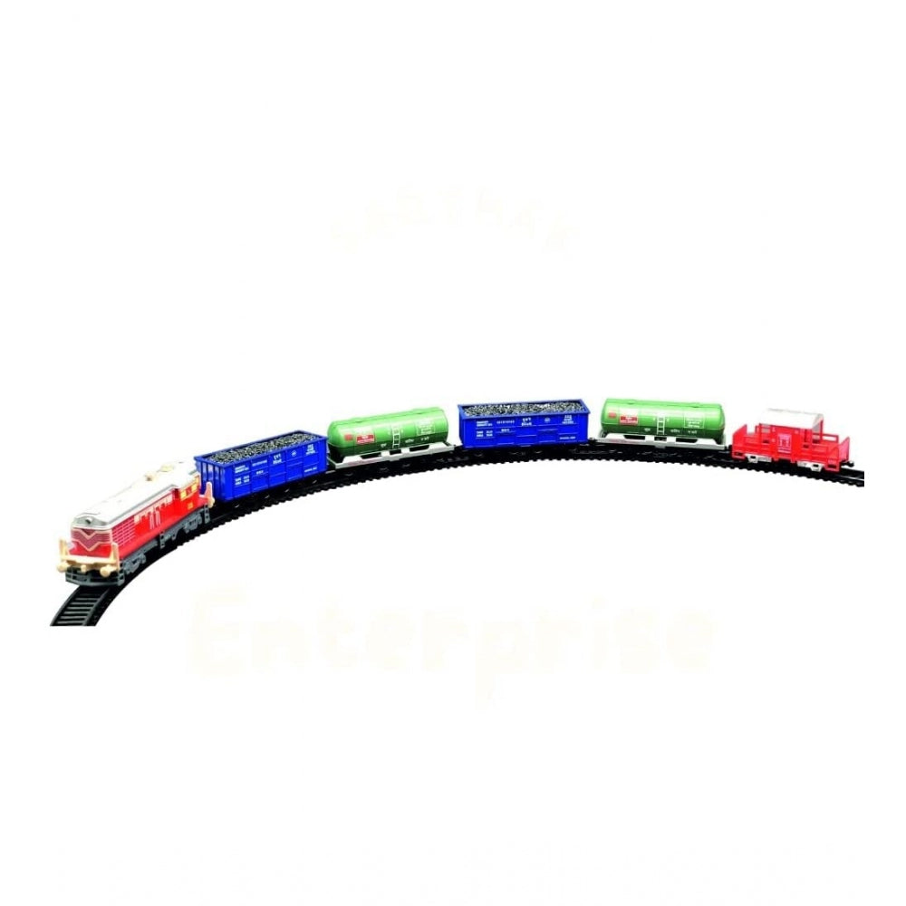 Plastic Choo Choo Train Small Cargo Battery Operated Flash Light And Sound Vintage Train Track Set With Locomotive Engine (Multicolor)