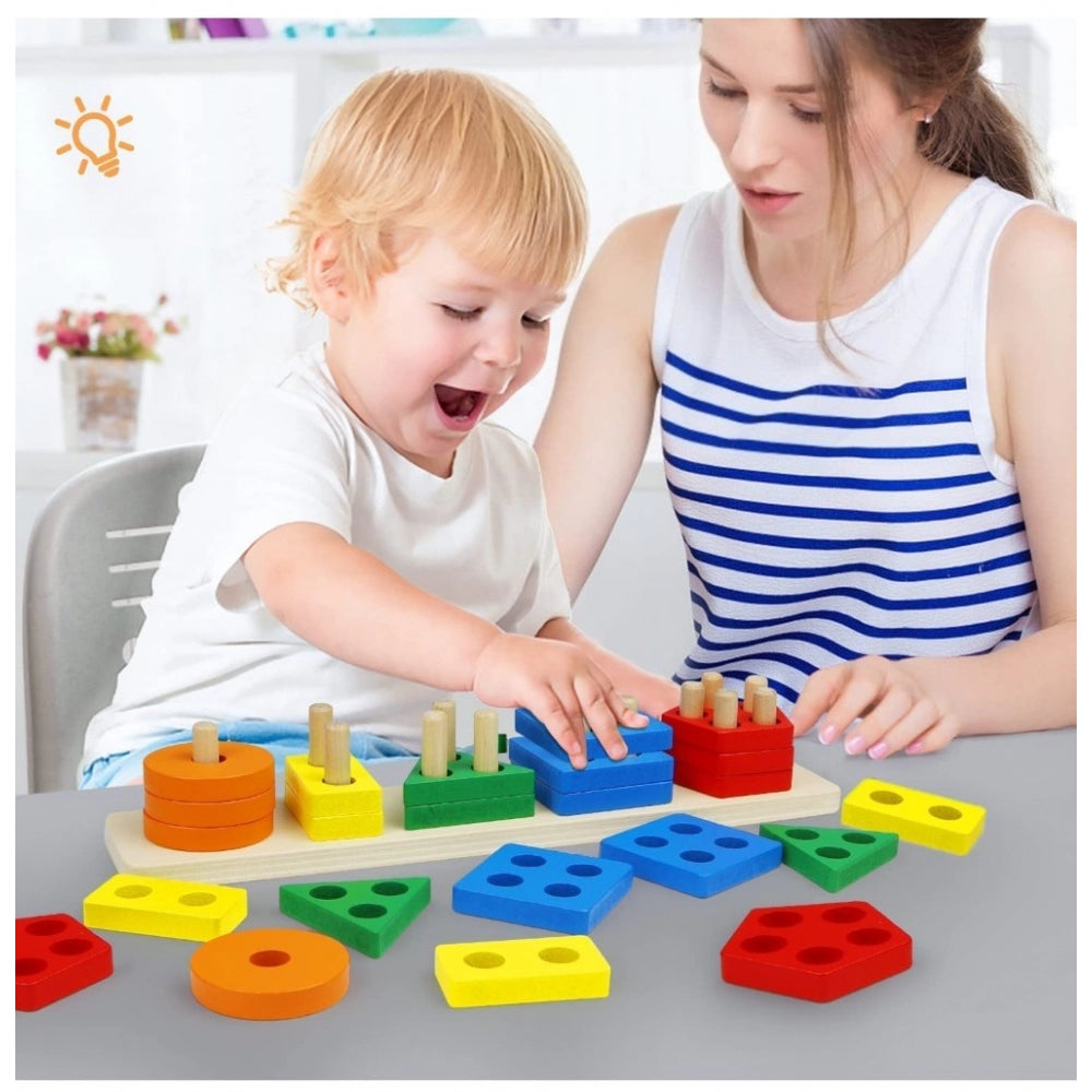 Wooden Sorting And Stacking Toys 5 Column Geometric Shape Puzzle Activity For Kids (Wood Color)