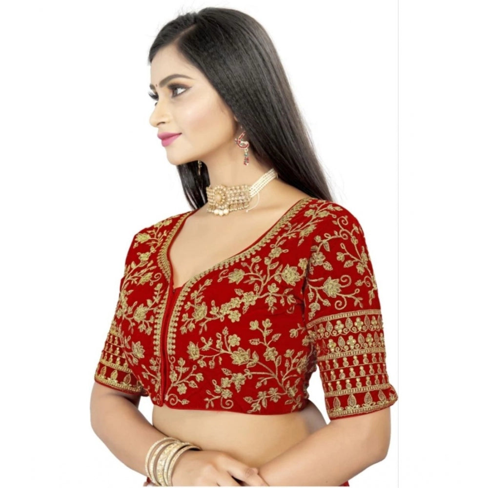 Women's Velvet Embroidery Readymade Blouse (Red, Size: Free Size)