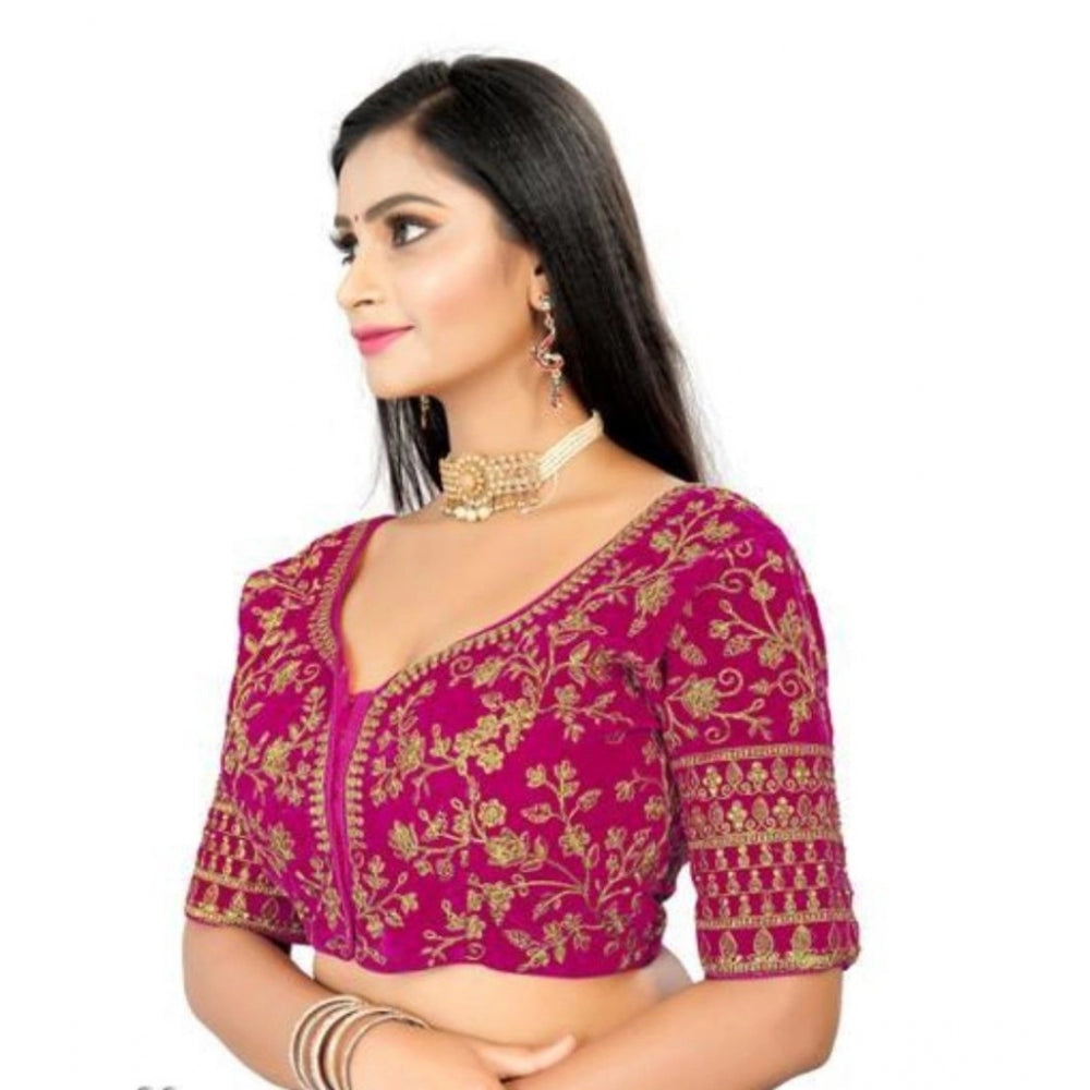 Women's Velvet Embroidery Readymade Blouse (Pink, Size: Free Size)