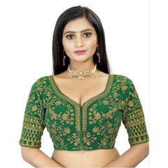 Women's Velvet Embroidery Readymade Blouse (Green, Size: Free Size)