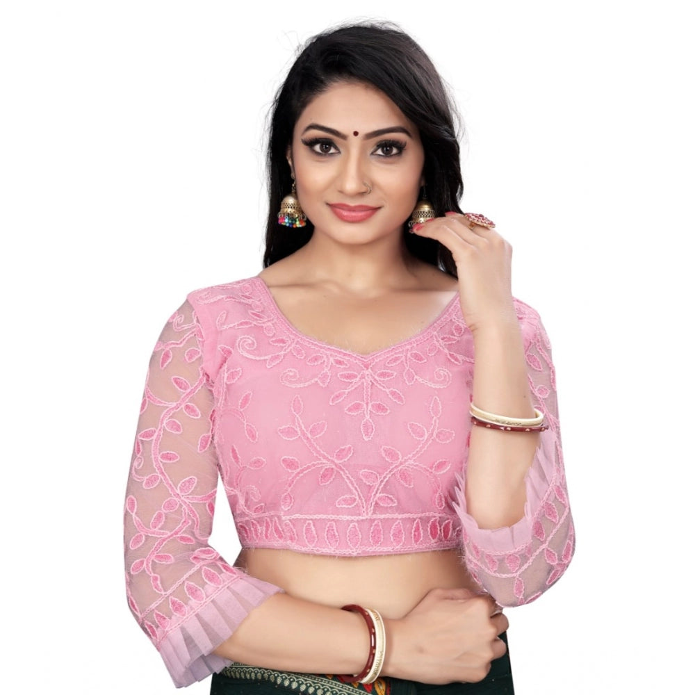 Women's Nylon Net Embroidery Readymade Blouse (Pink, Size: Free Size)