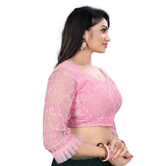 Women's Nylon Net Embroidery Readymade Blouse (Pink, Size: Free Size)