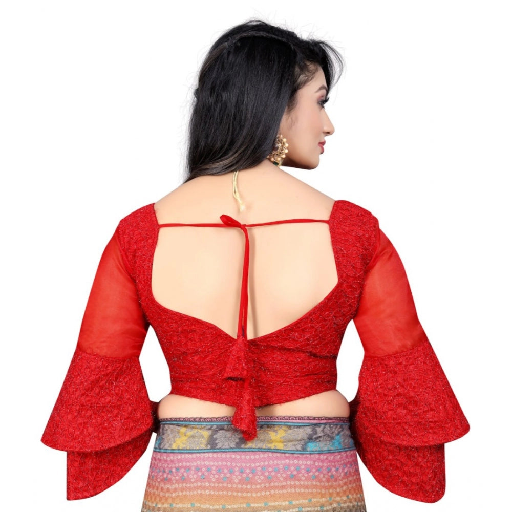 Women's Organza Embroidery Readymade Blouse (Red, Size: Free Size)