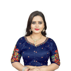 Women's Malai Silk Floral Readymade Blouse (Navy Blue, Size: Free Size)