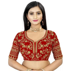 Women's Velvet Embroidery Readymade Blouse (Red, Size: Free Size)