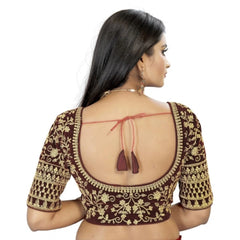 Women's Velvet Embroidery Readymade Blouse (Brown, Size: Free Size)