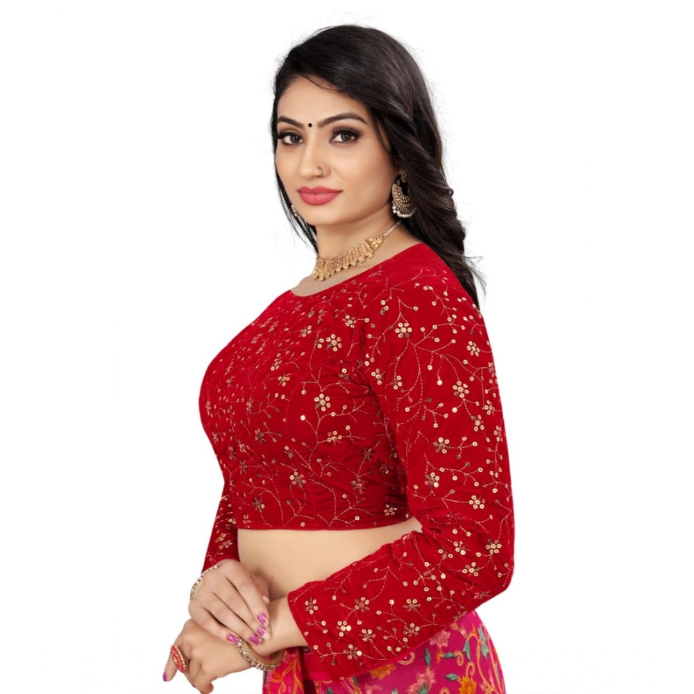 Women's Velvet Embroidery Readymade Blouse (Red, Size: Free Size)