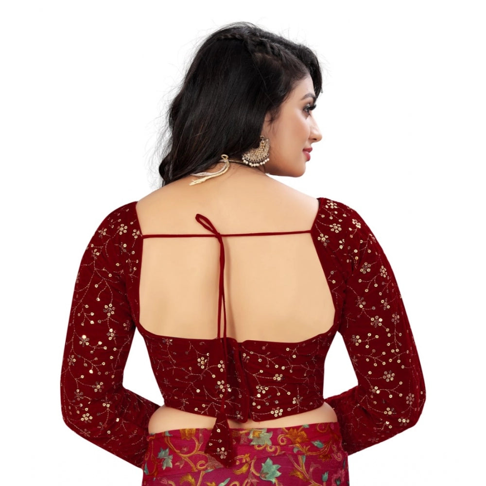 Women's Velvet Embroidery Readymade Blouse (Maroon, Size: Free Size)