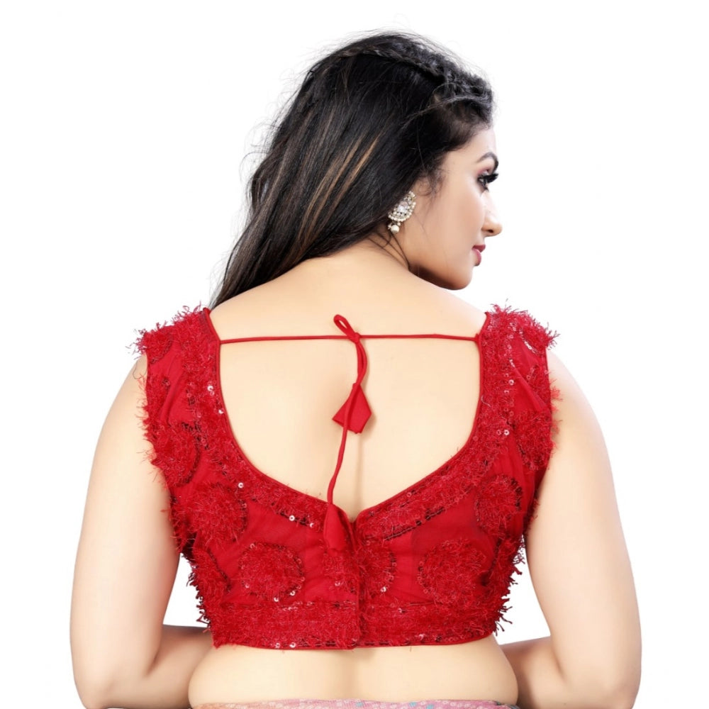 Women's Nylon Net Sequins Readymade Blouse (Red, Size: Free Size)