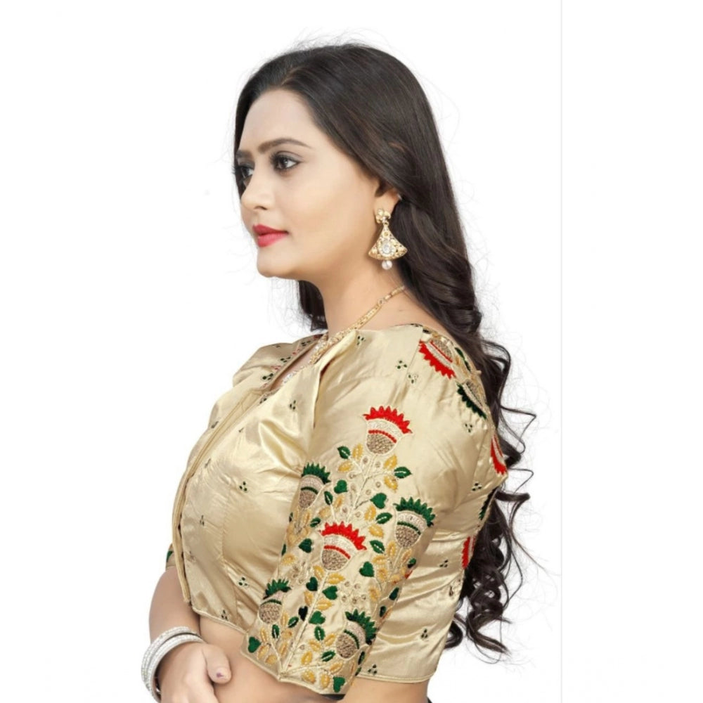 Women's Malai Silk Floral Readymade Blouse (Cream, Size: Free Size)