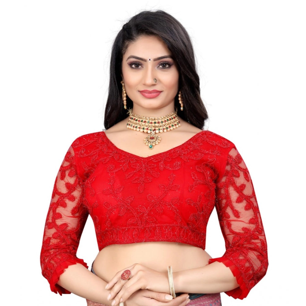 Women's Nylon Net Embroidery Readymade Blouse (Red, Size: Free Size)