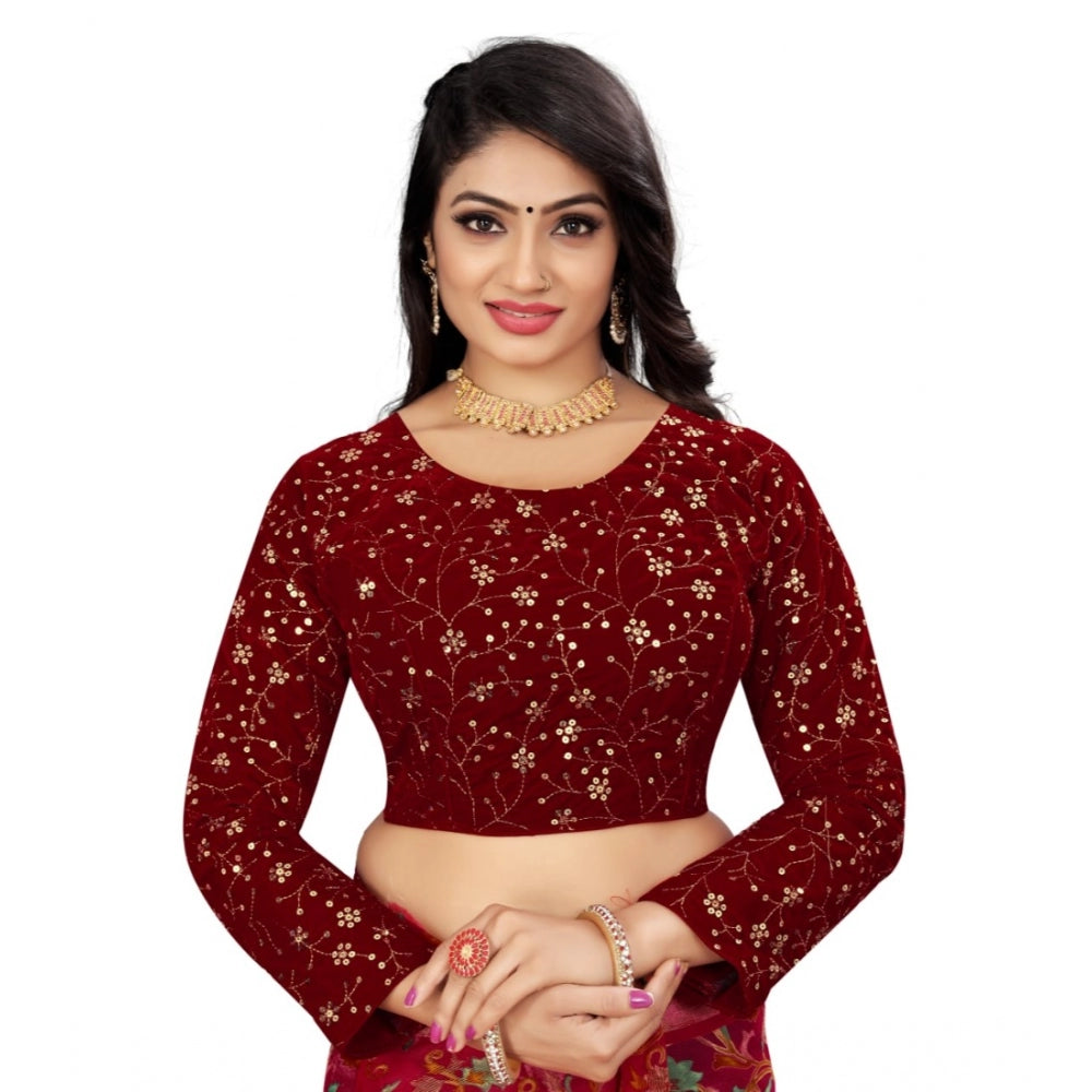 Women's Velvet Embroidery Readymade Blouse (Maroon, Size: Free Size)