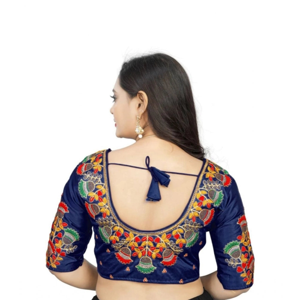 Women's Malai Silk Floral Readymade Blouse (Navy Blue, Size: Free Size)