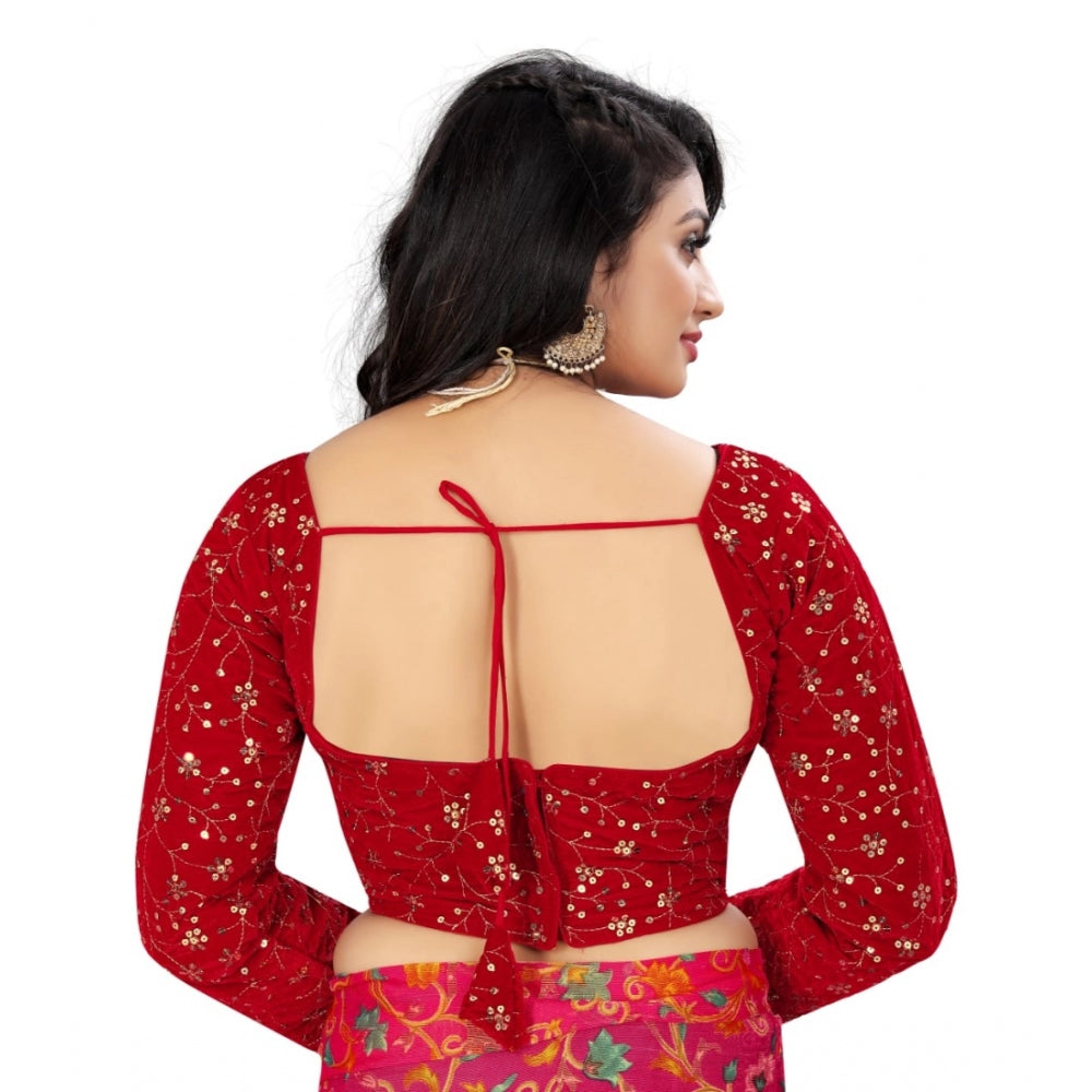 Women's Velvet Embroidery Readymade Blouse (Red, Size: Free Size)