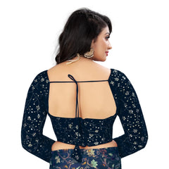 Women's Velvet Embroidery Readymade Blouse (Navy Blue, Size: Free Size)