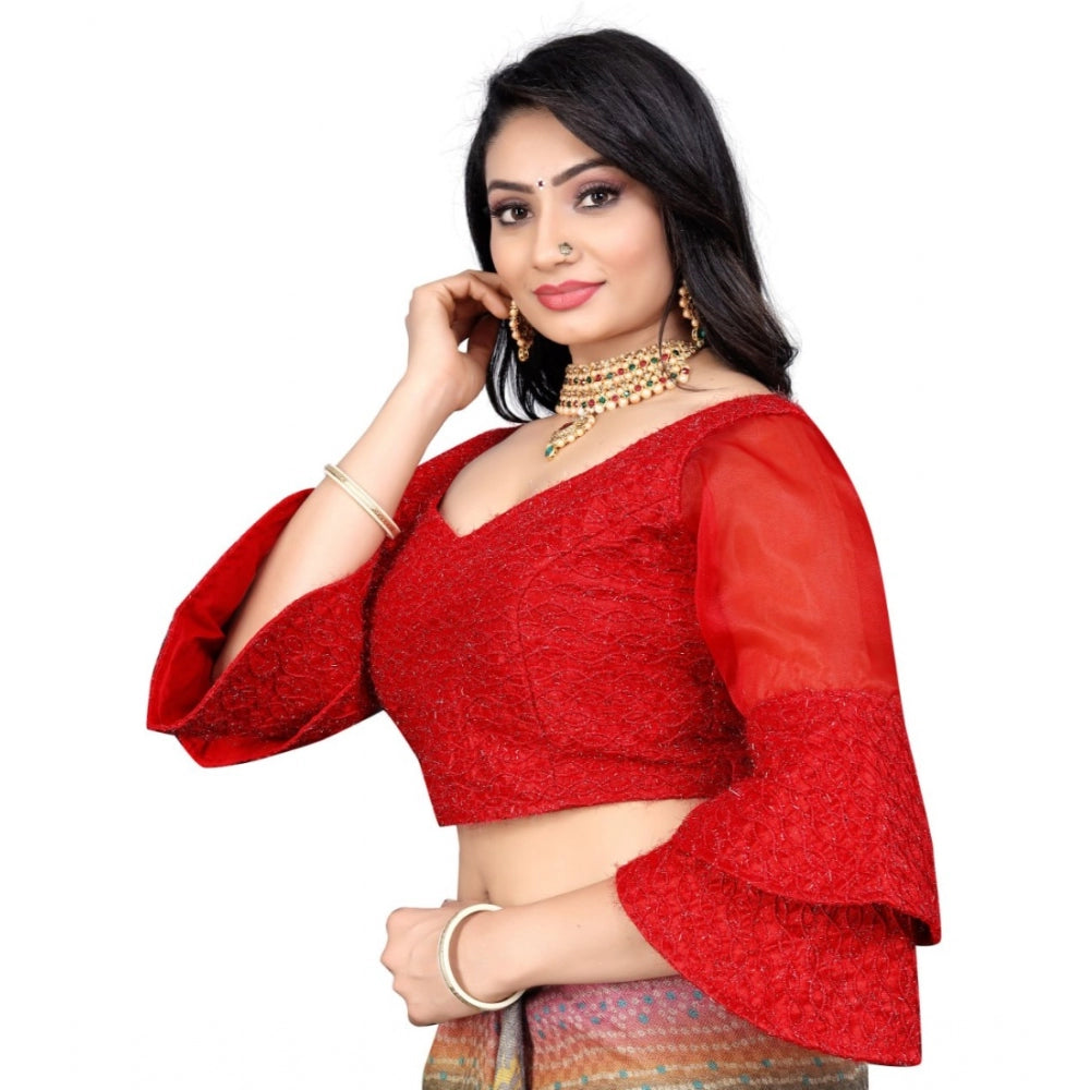 Women's Organza Embroidery Readymade Blouse (Red, Size: Free Size)