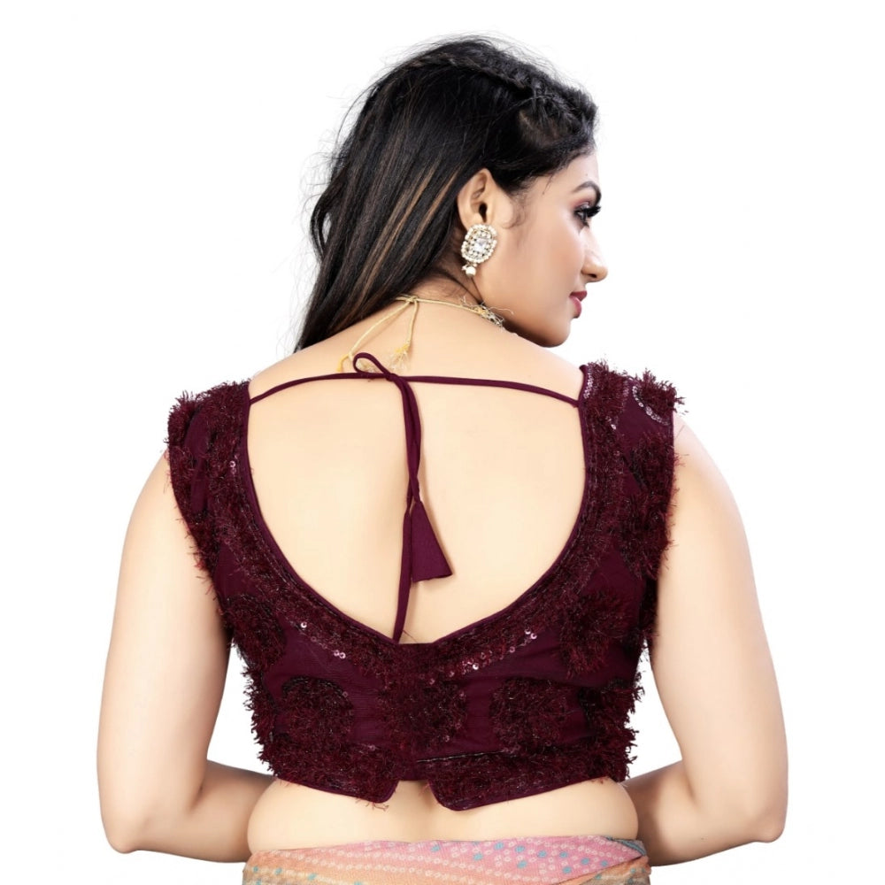 Women's Nylon Net Sequins Readymade Blouse (Maroon, Size: Free Size)