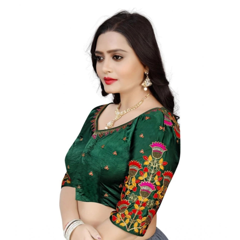 Women's Malai Silk Floral Readymade Blouse (Green, Size: Free Size)