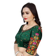 Women's Malai Silk Floral Readymade Blouse (Green, Size: Free Size)