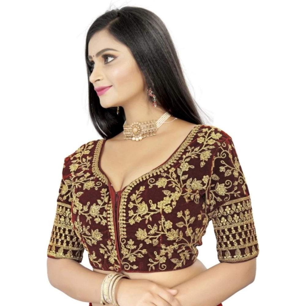 Women's Velvet Embroidery Readymade Blouse (Brown, Size: Free Size)