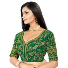 Women's Velvet Embroidery Readymade Blouse (Green, Size: Free Size)