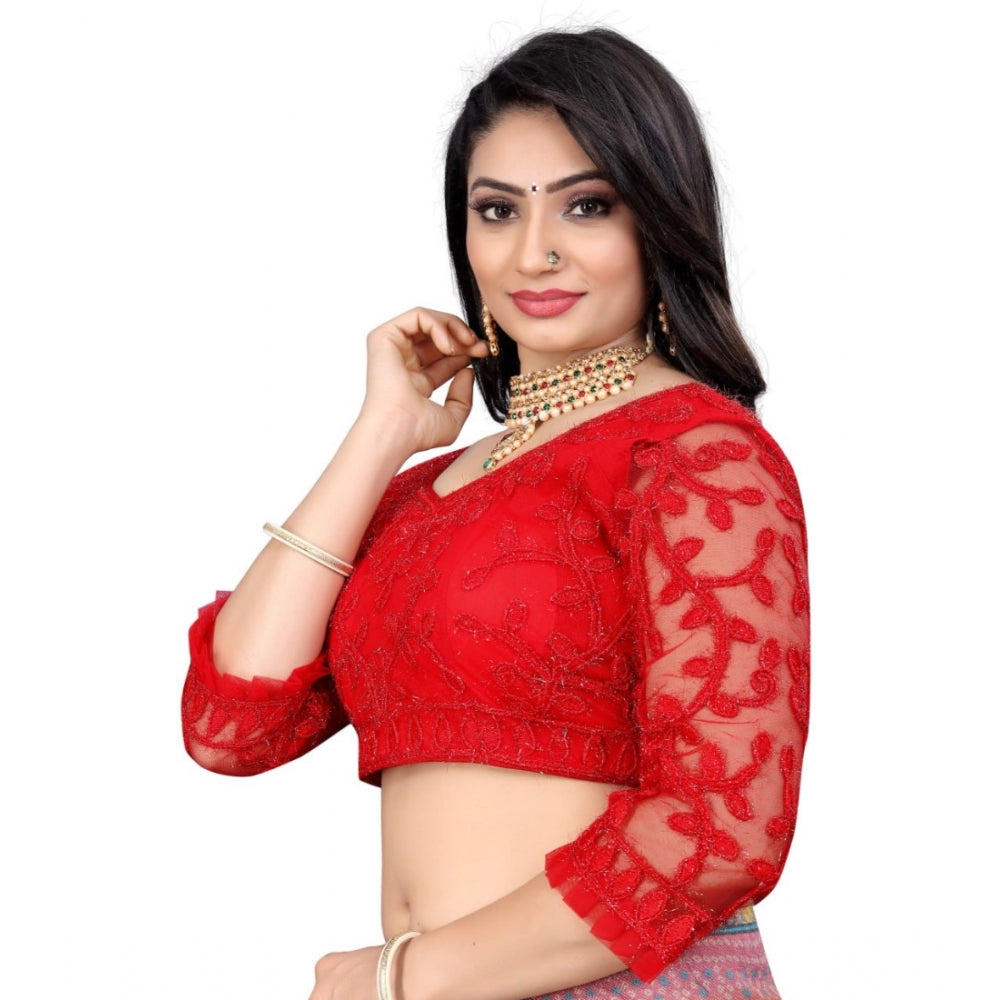 Women's Nylon Net Embroidery Readymade Blouse (Red, Size: Free Size)