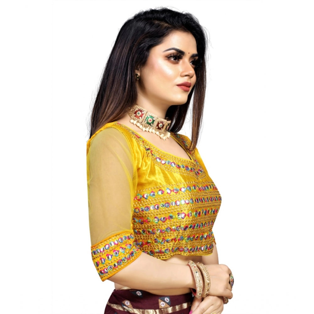 Women's Phantom Silk Embroidery Readymade Blouse (Yellow, Size: Free Size)