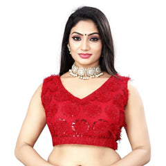 Women's Nylon Net Sequins Readymade Blouse (Red, Size: Free Size)