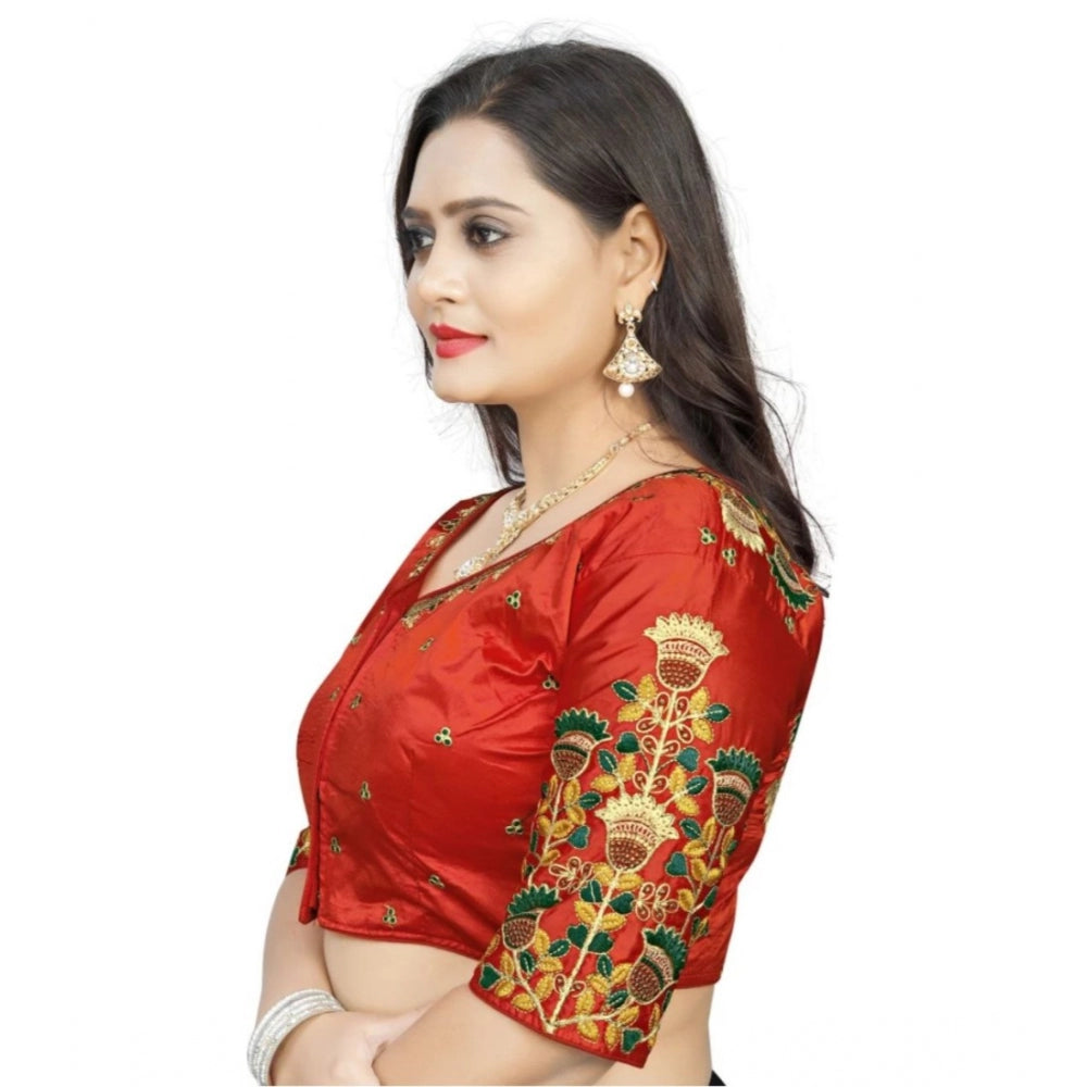 Women's Malai Silk Floral Readymade Blouse (Red, Size: Free Size)