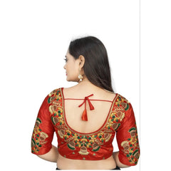 Women's Malai Silk Floral Readymade Blouse (Red, Size: Free Size)