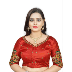 Women's Malai Silk Floral Readymade Blouse (Red, Size: Free Size)