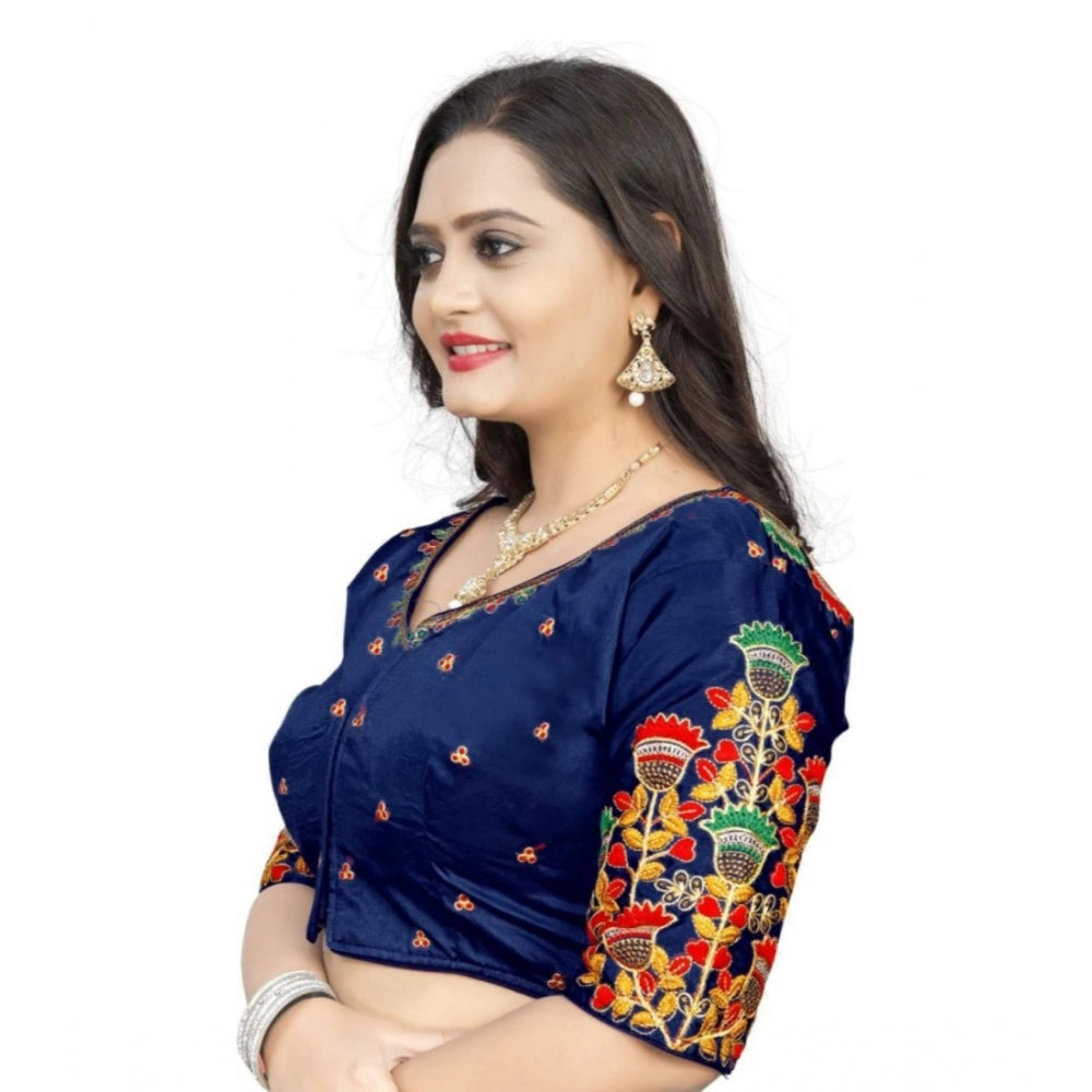 Women's Malai Silk Floral Readymade Blouse (Navy Blue, Size: Free Size)